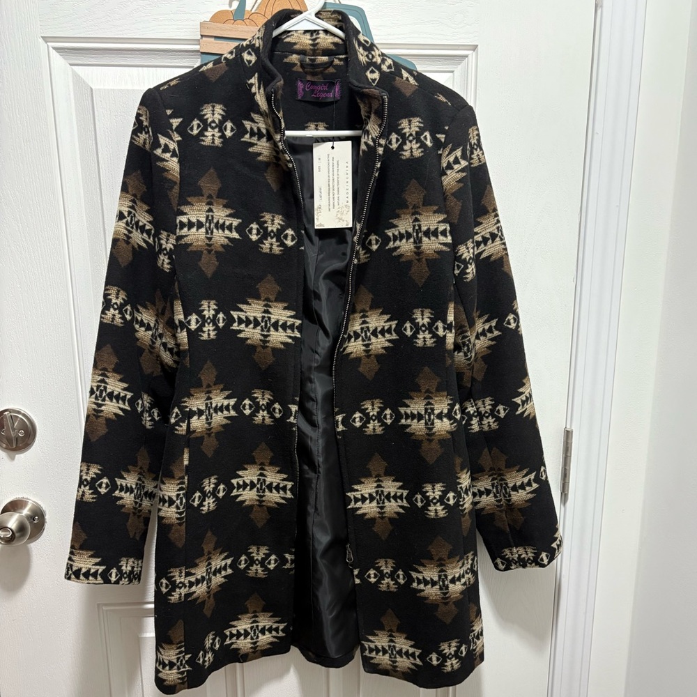 Western Style Black and Brown Aztec Women's Trench Coat